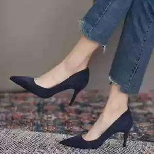 Women High Heel Shoes Pointed Thin Heel Pumps Faux Suede Red Blue Single Shoes - Picture 1 of 26