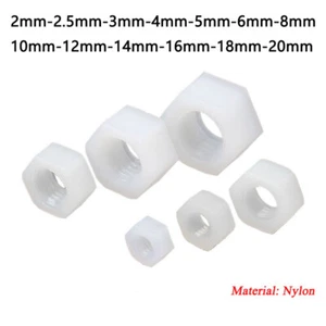 Hex Full Nuts Hexagon Plastic Nuts 2mm 3mm 4mm 5mm 6mm 8mm 10mm-20mm White Nylon - Picture 1 of 20