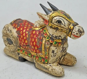 New Fine Hand Carved Solid Hard Wood Sitting Cow Nandi Figurine Hand Painted - Picture 1 of 8