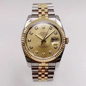 Montre Rolex Datejust 36 mm or jaune 18 carats acier cadran champagne diamant 116233 - Photo 1 sur 8