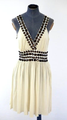 Vestido Noa Mini Sol Embellecido Ajuste Acampanado Marfil Jersey Corte Espalda Cuello en V Talla L Foto 1 de 4