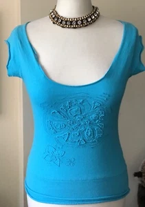 Vintage,y2k,chilli pepper,blue,cap-sleeve,raw hem,embroidered top/t-Shirt-10-12 - Picture 1 of 8
