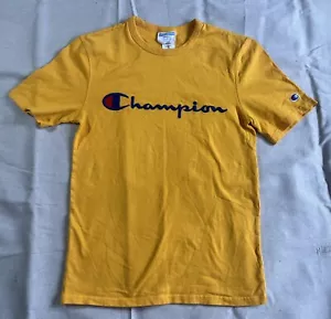 Men’s Y2K Yellow Champion Embroidered Logo Crew Neck T Shirt Size Small - Picture 1 of 5