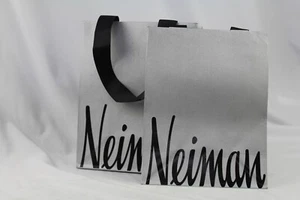 2 Neiman Marcus Paper Grey Silver Shopping Bag Black Cloth Handles Small 7x4x9" - Picture 1 of 7