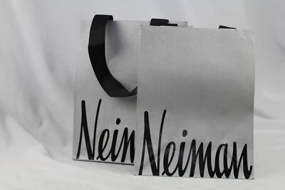 2 Neiman Marcus Paper Grey Silver Shopping Bag Black Cloth Handles Small 7x4x9" - Image 1 of 4