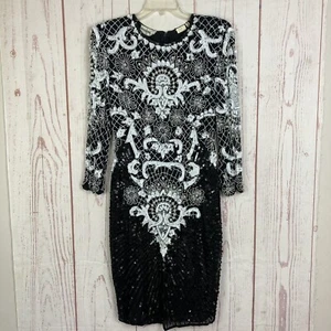 Vintage 80s Size 8 10 American Nights Glass Beaded Sequin Midi Dress Long Sleeve - Picture 1 of 18