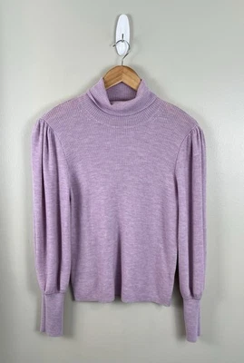 Suéter de lã merino J.CREW malha gola alta com nervuras tamanho G mangas folhadas roxo - Imagem 1 de 4