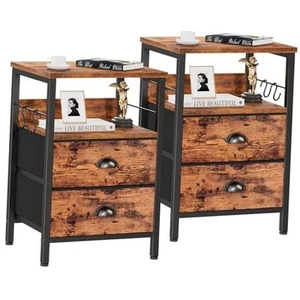 Nightstands Set 2, Bedside Table with 2 Fabric Drawers, End Rustic Brown 2pc - Picture 1 of 8