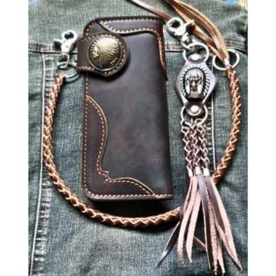 Wallet Leather Chain Biker Men Trucker Genuine Vintage Long Bifold New Year Gift - Image 1 of 4