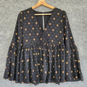 Sportsgirl Top Size 8 Womens Black Patterned V-Neck Bell Sleeve Office Work - Picture 1 of 11