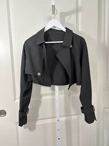 New BLACK Open Front Cropped Crop Trench Lightweight Jacket Panels Small - Picture 1 of 4