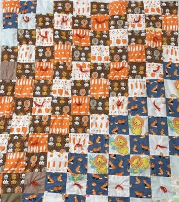 Colcha de retalhos feita à mão berço cobertor leão raposa animal selva laranja marrom - Imagem 1 de 4