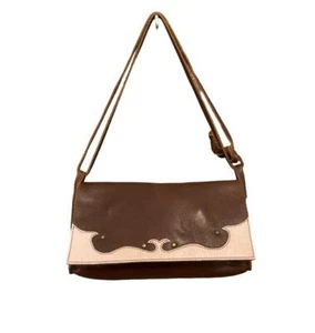 VTG 60S 70S WESTERN BOHO DARK BROWN PASTEL PINK STUD SHOULDER BAG - Picture 1 of 5
