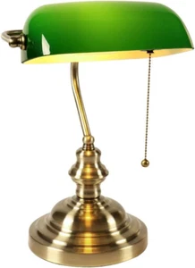Green Glass Bankers Desk Lamp with Pull Chain Switch Plug in Fixture Satin Brass - Picture 1 of 9