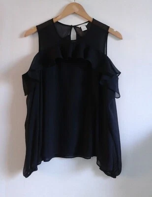 H&M black cold bare shoulder long sleeve blouse top w ruffle 10-12 - Image 1 of 4
