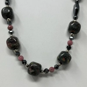 Rhodonite Hematite Beaded Women Boho Necklace Compassion Love - Picture 1 of 10