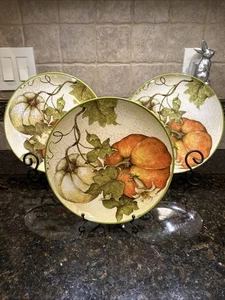 (3) PIER 1 IMPORTS "HARVEST GARDEN" CRACKLE EFFECT w/PUMPKINS APPETIZER PLATES - Picture 1 of 5