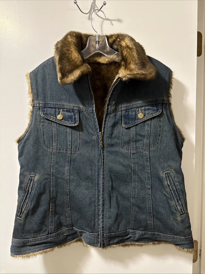 Chaleco de Jean Espirit Reversible de Piel Sintética Grande Azul Chaqueta de Jean L De Colección Años 90 y2k Foto 1 de 4