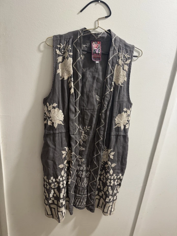 Chaleco abierto de lino bordado JWLA Johnny Was Kimono XS gris bohemio sin mangas Foto 1 de 4