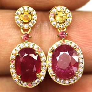 925 Sterling Silver 7 x 9 mm. Red Ruby & Yellow Pink Sapphire Earrings - Picture 1 of 4