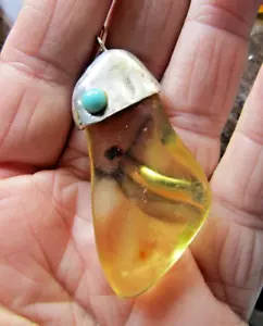 CIONDOLO AMBRA NATURALE E TURCHESE IN ARGENTO STERLING - Foto 1 di 9
