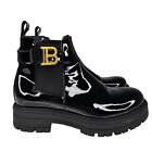 Balmain Girls Black Patent Leather Logo Plaque Ankle Boots Size EU 32 UK 13