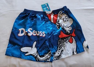 Dr Seuss Mens The Cat In The Hat Blue Printed Satin Boxer Shorts Size XXL New - Picture 1 of 4