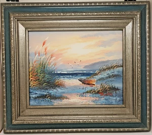 Vintage Ölgemälde Meereslandschaft Strand Möwen Boot gerahmt signiert vom Künstler Taylor - Bild 1 von 16