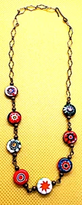 Vintage Millefiori Italian Glass Bead Necklace brass chain links - Picture 1 of 3