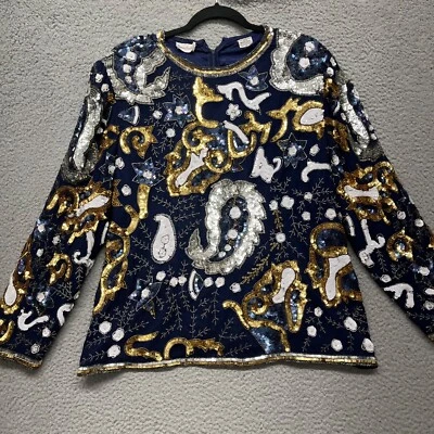 Blusa Neiman Marcus Top Mujer 1X Azul Seda Cuentas Lentejuelas Paisley Arte Para Usar Foto 1 de 4