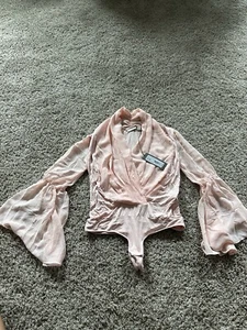 Eva Mendes Pink Bell Long Sleeve Deep V- Neck Body Suit Size XS Top Sheer Sleeve - Picture 1 of 12