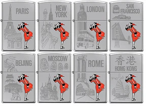 Zippo Windy Girl 8 Feuerzeuge Set Traveling Cities High Polish Chrome Neu Selten - Bild 1 von 10