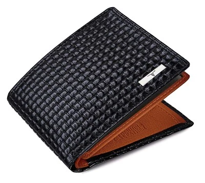 NEW BLACK/ORNAGE BI-FOLD LEATHER MEN'S WALLET RFID PROTECTION GIFT ITEM - Image 1 of 4
