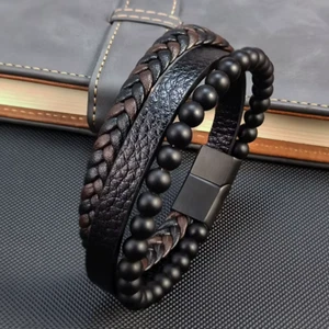 Natural Black Onyx Beads Braided Leather Bracelet Magnetic Clasp Bangle for Men - Picture 1 of 6