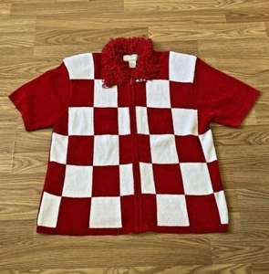Lisa International Red & White Check short sleeve zip up sweater, red fringe, XL - Picture 1 of 9