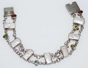 Vintage Sterling Silver MOP & Gemstone Linked Double Chain Bracelet - Picture 1 of 12