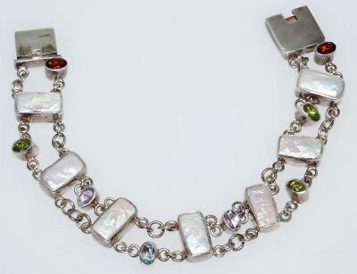 Vintage Sterling Silver MOP & Gemstone Linked Double Chain Bracelet - Image 1 of 4