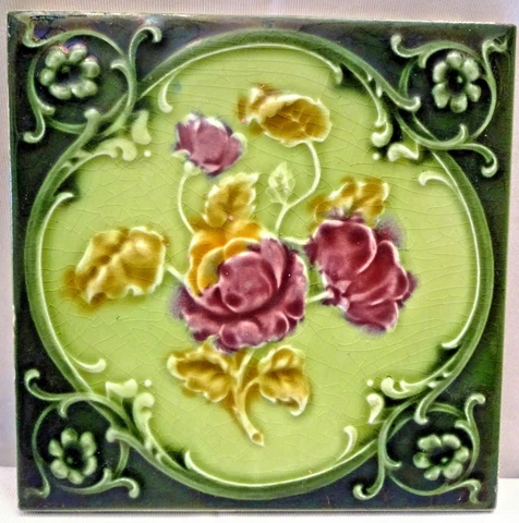 Antique Tile Majolica Art Nouveau England Rose Purple Architecture Floral #124 Cover