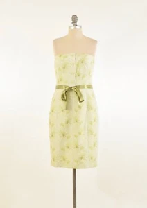 Vestido Kay Unger 4 Verde Citrino Mezcla Seda Jacquard Sin Tirantes Funda Cóctel - Imagen 1 de 8