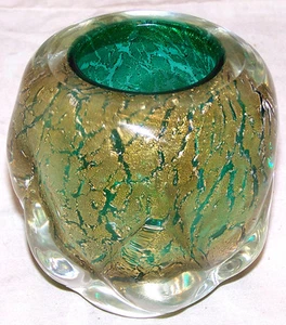 Vintage grüner Kunstglas Briefbeschwerer Stiftehalter mit Blattgold - Bild 1 von 1