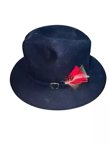 Vintage Navy Blue Fedora Hat with Feather Accent - Classic Felt Men’s Hat - Picture 1 of 7