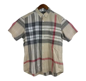 Burberry Brit Check Men’s Beige Cotton Linen Short Sleeve Button Up Shirt Size L - Picture 1 of 11