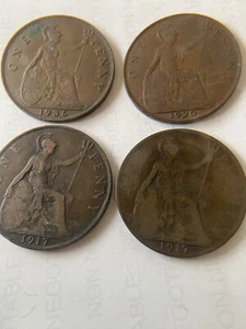 Lot of 4 English 1917 (2X) 1920, 1936 England UK Large One Penny Coins - Picture 1 of 2