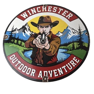 Vintage Winchester Porcelain Sign - Outdoor Adventure Hunter Gas Pump Sign - Picture 1 of 14