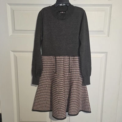 Vestido Amy Byer Niña Talla 12 Gris Rosa Pata de Gallo Hasta la Rodilla Manga Larga Foto 1 de 4