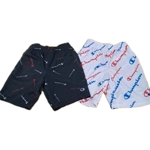 2 Champion Youth Boy's Sz M Athletic Shorts Black White Logo Pocket Elastic MESH - Picture 1 of 5