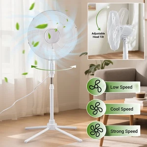 16" Adjustable Height Tilt 3-gear Floor Fan White F-116 Whit Four Legged Frame - Picture 1 of 12