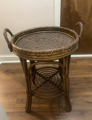 Vintage Boho Round Rattan End Table W/Removable Tray - Image 1 of 4