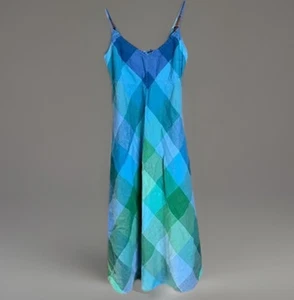 Prendisole vintage GAP taglia M 2009 lino cotone midi blu verde plaid regolabile - Foto 1 di 13