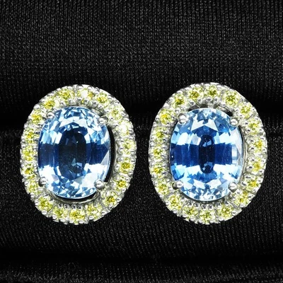 Precious Vivid Blue Sapphire 8.65Ct 925 Sterling Silver White Gold Halo Earrings - Image 1 of 4
